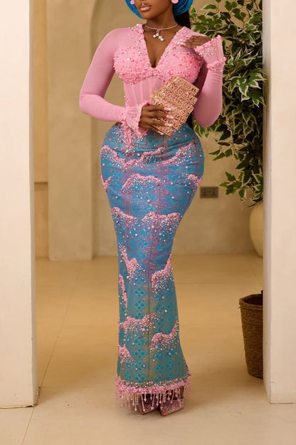 Luxurious Beaded Pink and Blue Gradient Mesh Maxi Dress