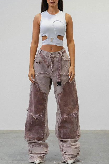 Personalized Pink Patchwork Tassel Jeans