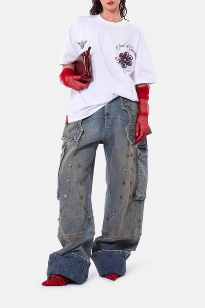 Printed Button Wide-leg Jeans