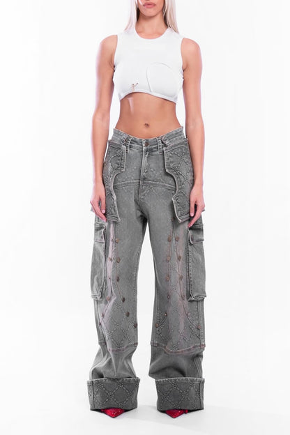 Printed Button Wide-leg Jeans