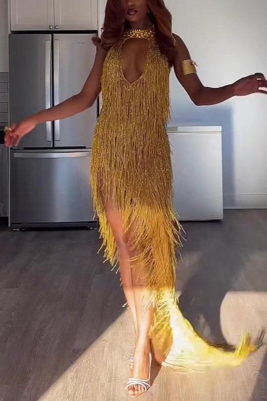 Banquet Monster Golden Tassel Maxi Dress