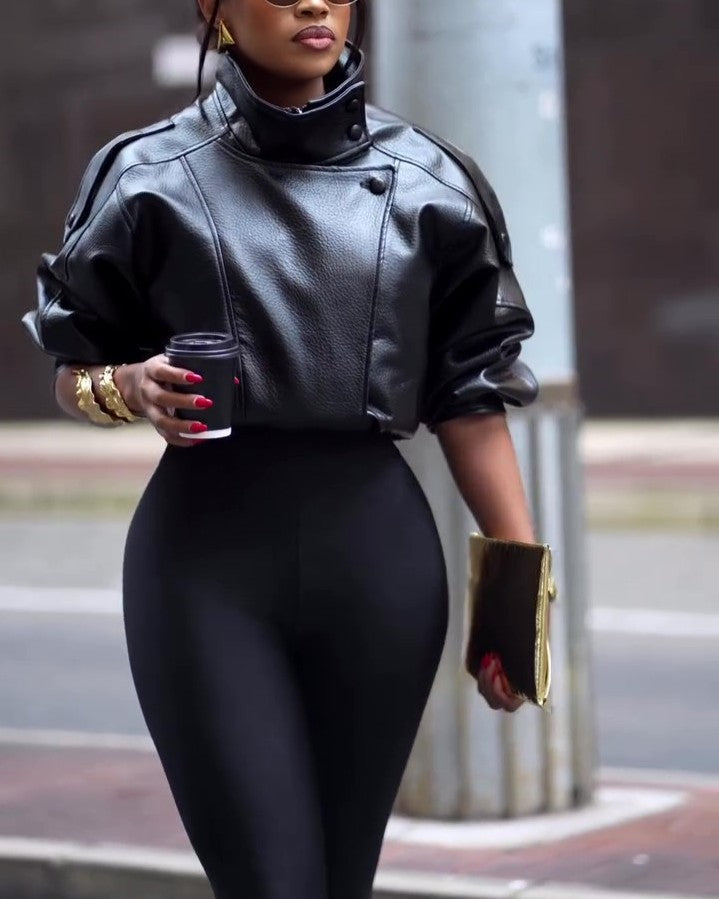 Women High Collar Faux Leather Jacket