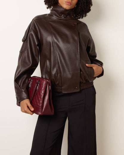 Women High Collar Faux Leather Jacket