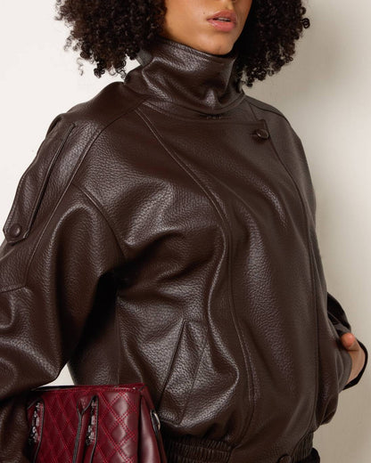 Women High Collar Faux Leather Jacket