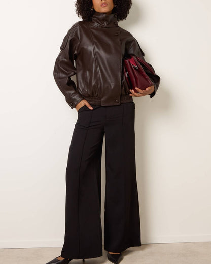 Women High Collar Faux Leather Jacket