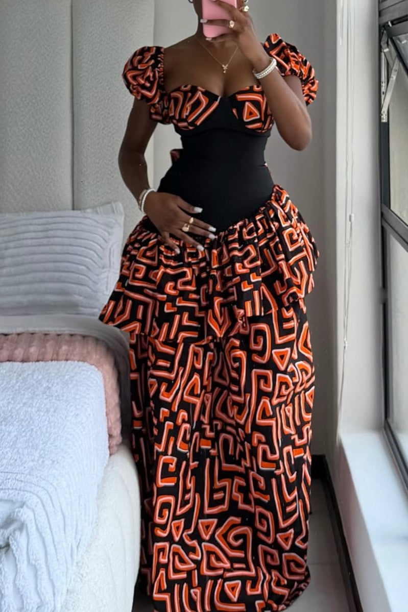 Traditional Pattern Fitted Maxi Dress
