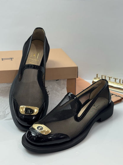 Mesh See-through Round Toe Leather Shoes