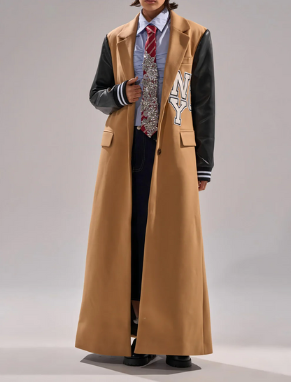 Faux leather long-sleeved baseball jacket