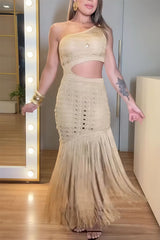 Knit Hollow Tassel Hem Maxi Dress