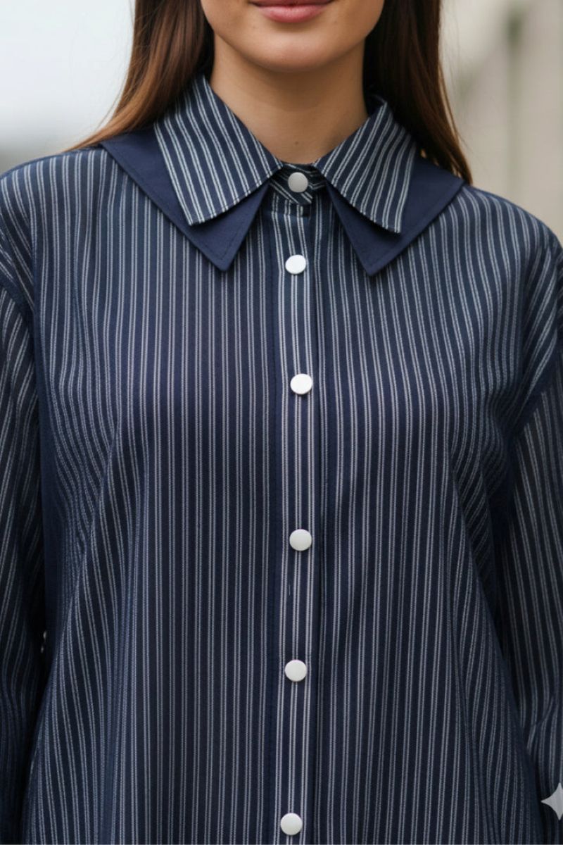 Navy Striped Sheer Hem Shirt