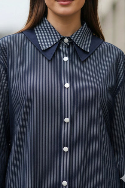 Navy Striped Sheer Hem Shirt