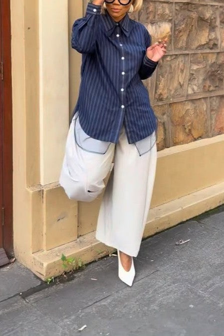 Navy Striped Sheer Hem Shirt