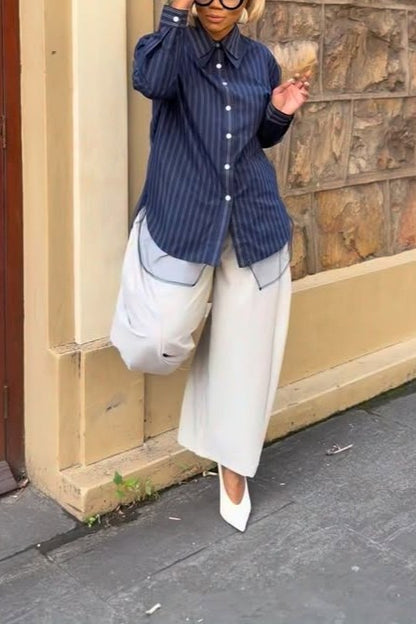Navy Striped Sheer Hem Shirt