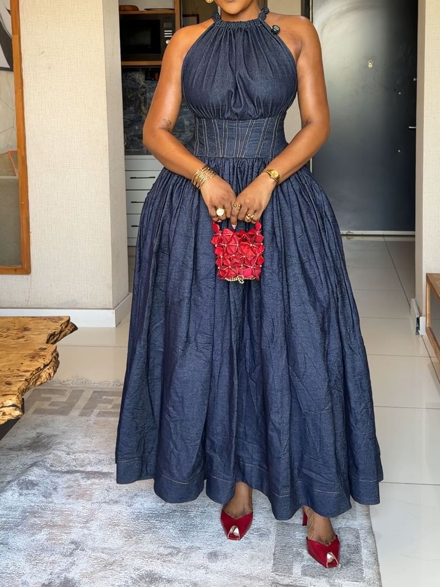 Sleeveless Halter-neck Denim Maxi Dress