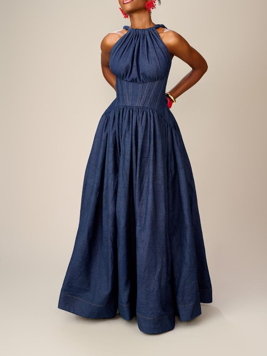 Sleeveless Halter-neck Denim Maxi Dress