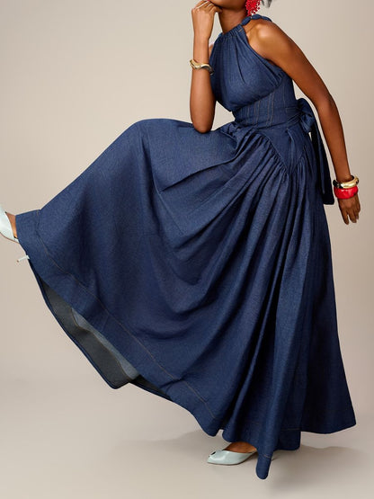 Sleeveless Halter-neck Denim Maxi Dress