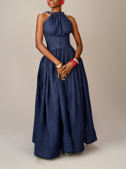 Sleeveless Halter-neck Denim Maxi Dress