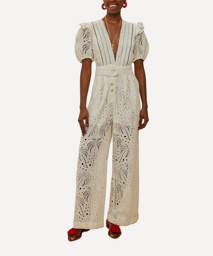 Broderie-anglaise Puff-sleeve Jumpsuit