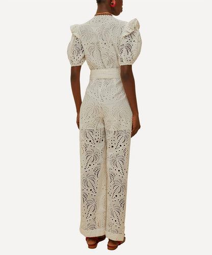 Broderie-anglaise Puff-sleeve Jumpsuit
