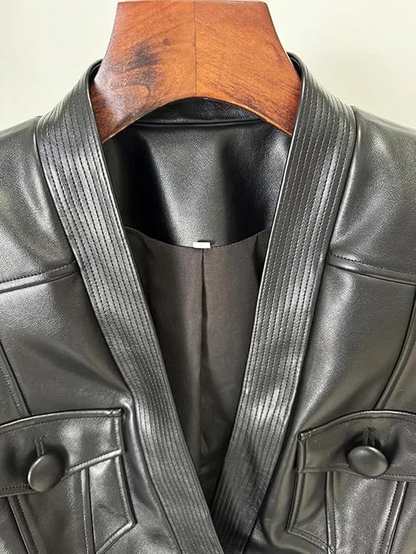 Genuine Leather V-neck Jacket With Belt