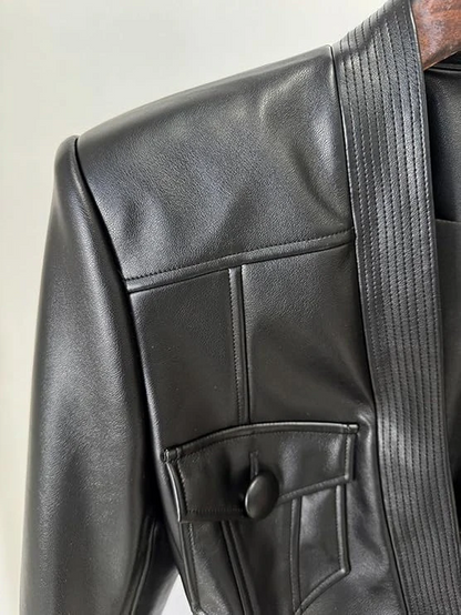 Genuine Leather V-neck Jacket With Belt
