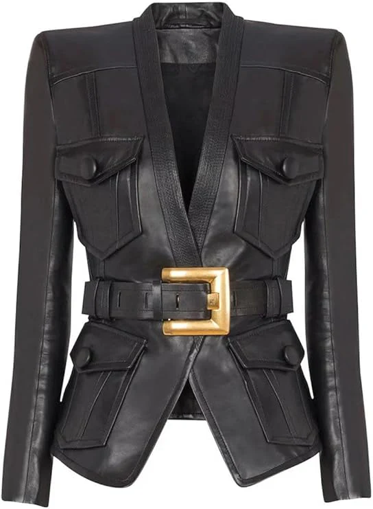Genuine Leather V-neck Jacket With Belt