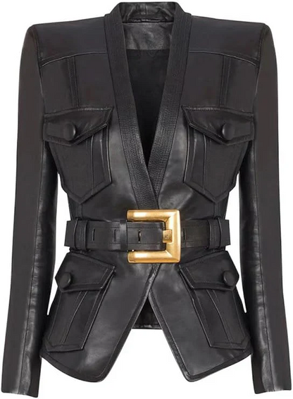 Genuine Leather V-neck Jacket With Belt