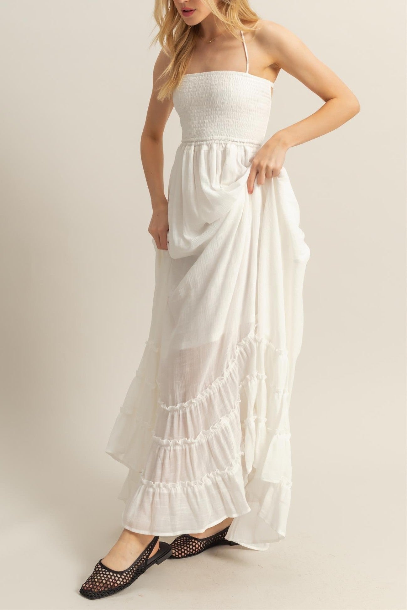 White Halter Neck Smocked Tiered Hem Maxi Dress