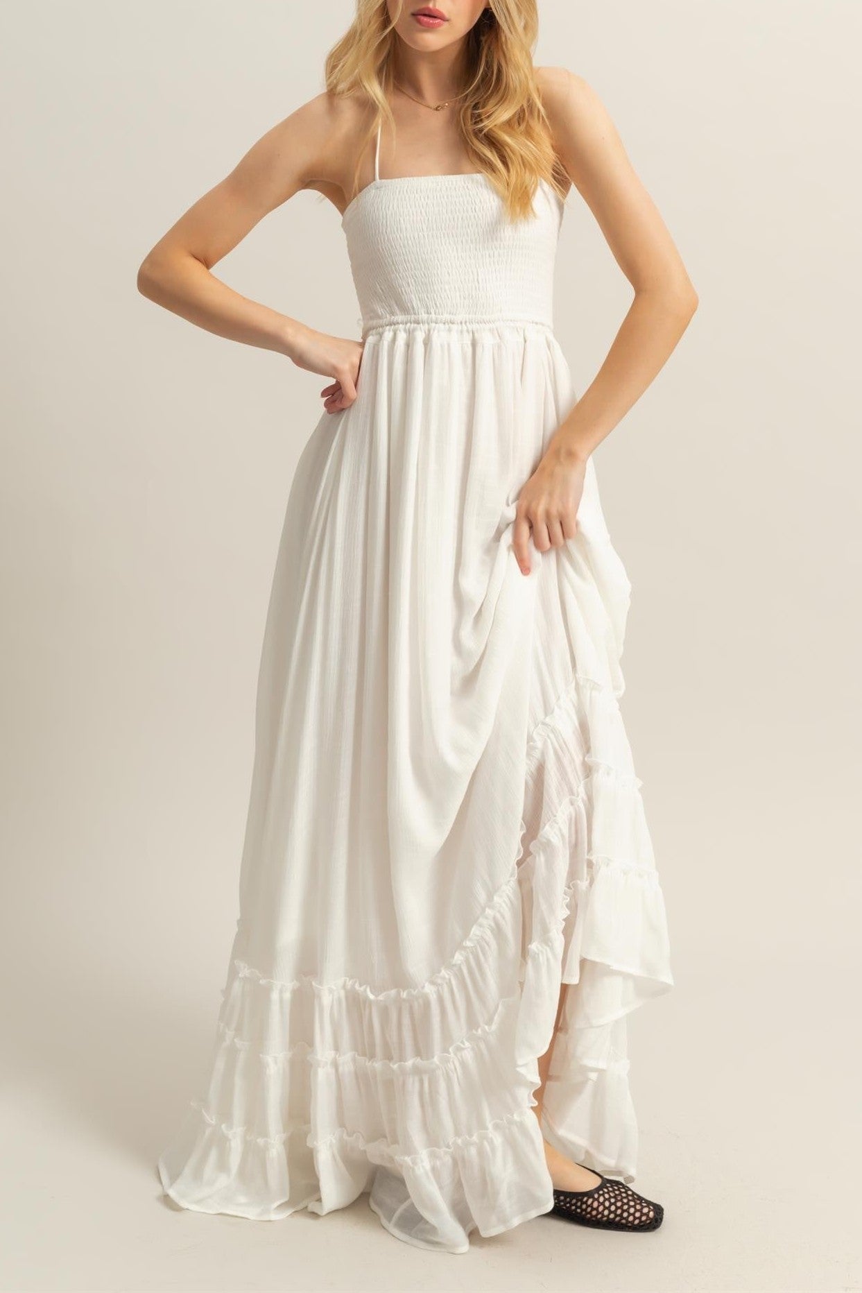 White Halter Neck Smocked Tiered Hem Maxi Dress