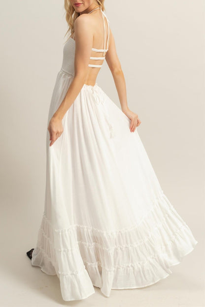 White Halter Neck Smocked Tiered Hem Maxi Dress