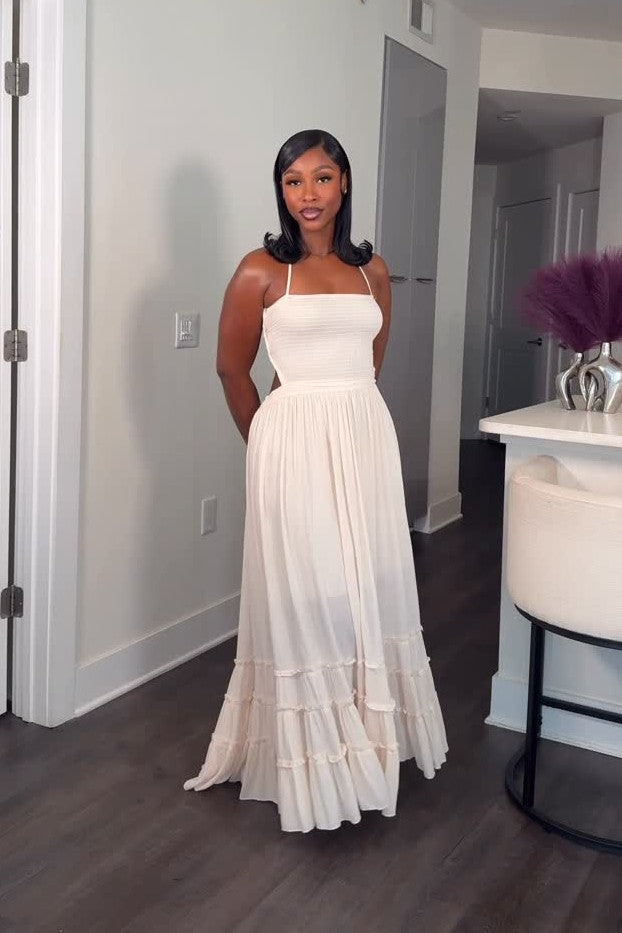 White Halter Neck Smocked Tiered Hem Maxi Dress