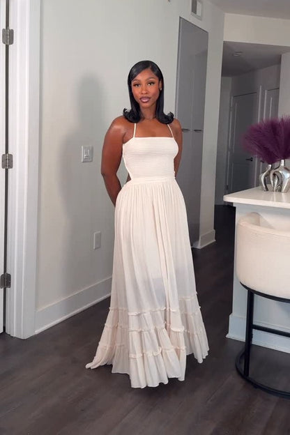 White Halter Neck Smocked Tiered Hem Maxi Dress