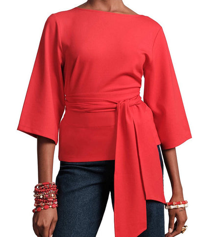 Whitney Viscose Blend Boat Neck 3/4 Sleeve Wrap Top