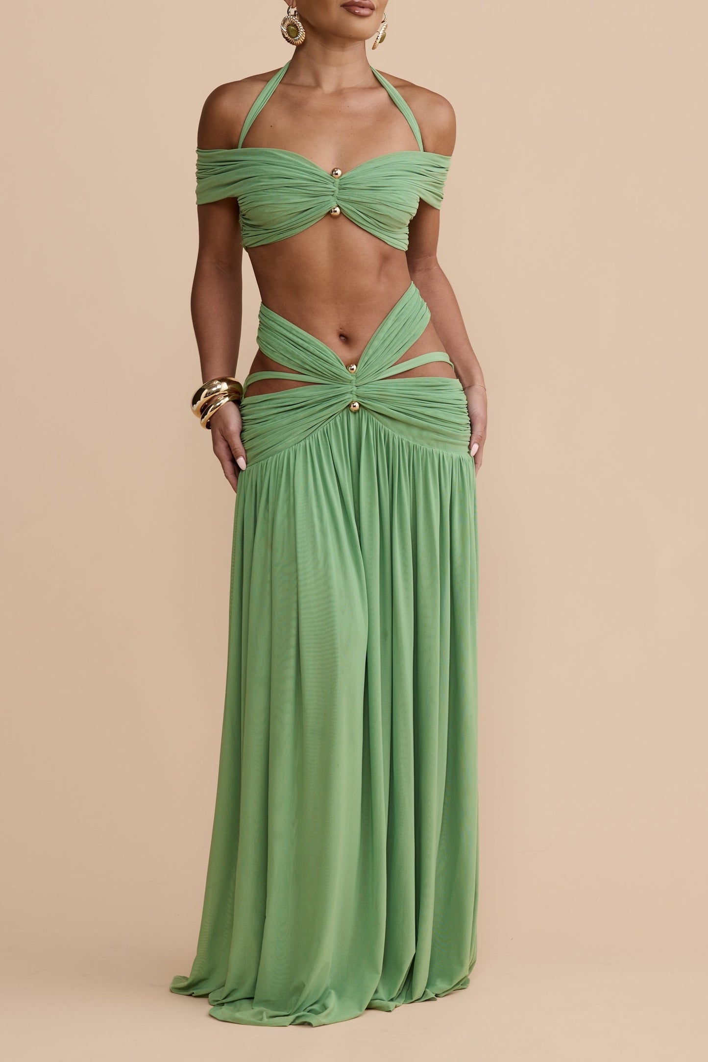 Soft Mesh Metallic Pleated Maxi Dress