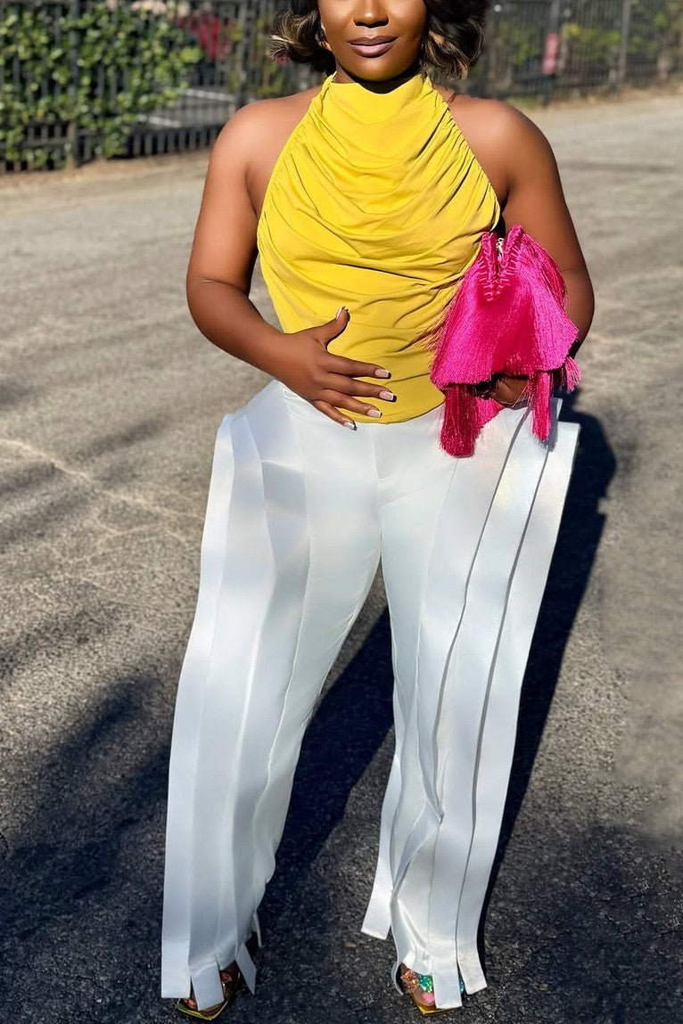 Pleated Top and Wide-leg Pants Suit