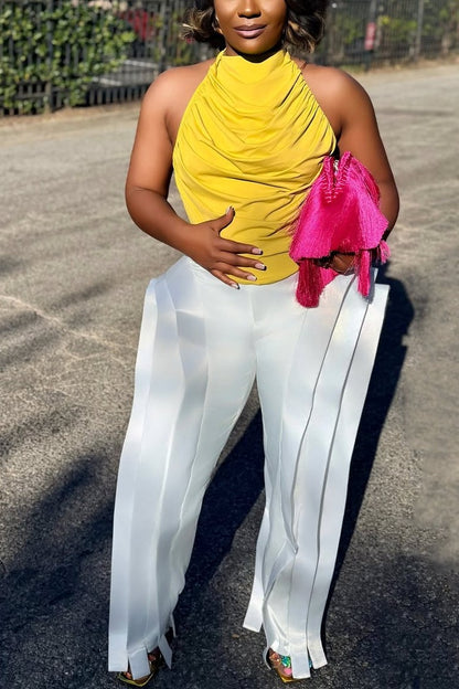 Pleated Top and Wide-leg Pants Suit