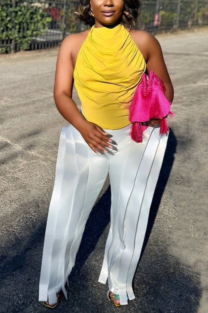 Pleated Top and Wide-leg Pants Suit