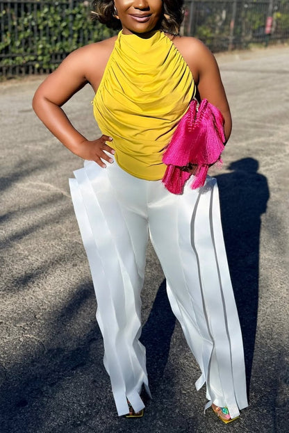 Pleated Top and Wide-leg Pants Suit