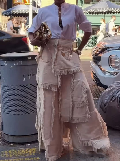 Fringed Hem Patchwork High Waist Trousers