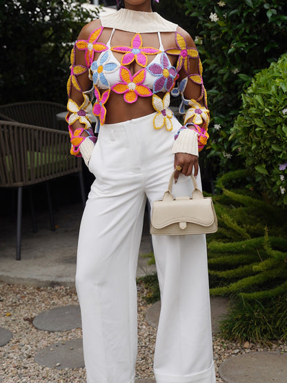Hand Crocheted Fashion Turtleneck Crop Sweater