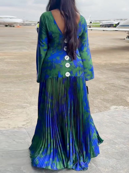 Satin Elegant Printed Pleated Maxi Dress