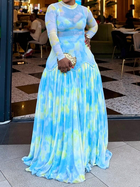 Tie Dye Print Mesh Patchwork Pleated Party Maxi Dresses