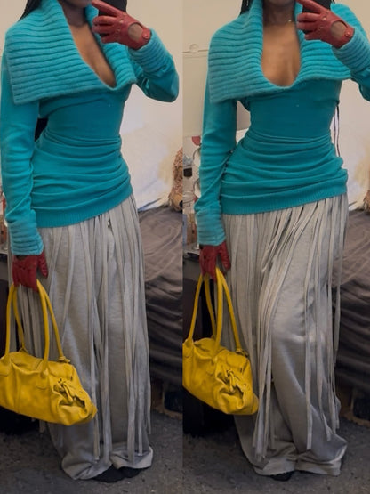 Tassel Wrap Belt Fleece-lined Pants