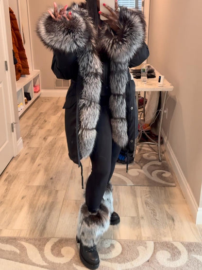 Faux Fox Fur Warm Hooded Collar Fur Coat