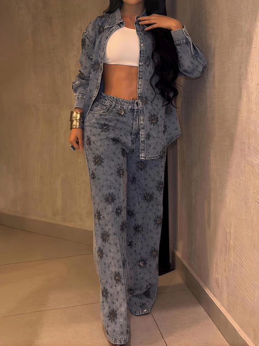 Rhinestone Sparkle Flower Print Denim 2PC Set