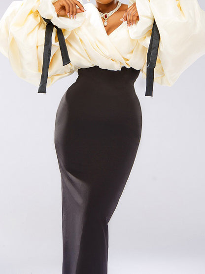 Elegant Deep V Neck Patchwork Maxi Dress