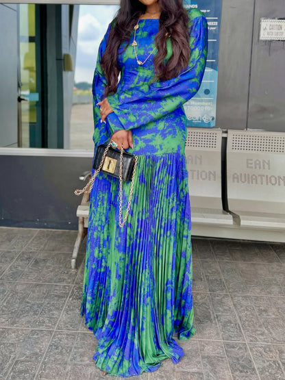 Satin Elegant Printed Pleated Maxi Dress