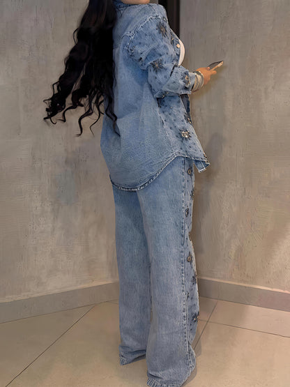 Rhinestone Sparkle Flower Print Denim 2PC Set
