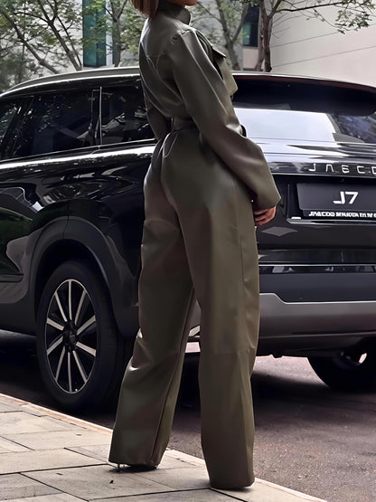 Faux Leather Cargo Straight Leg Jumpsuit
