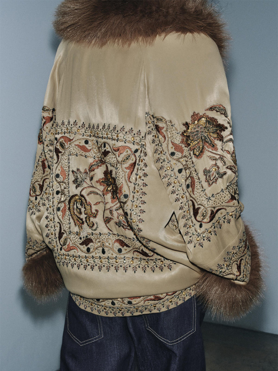 Faux Fur Beaded Embroidery Cardigan